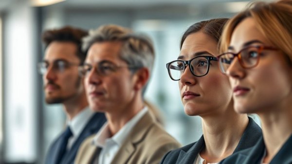 Professional individuals in formal attire attentively listening at an event.