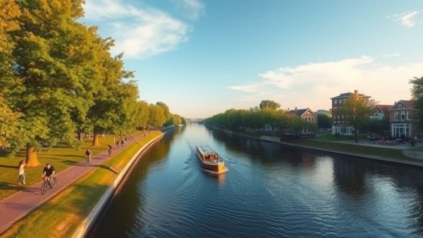 Explore Göta Canal by bike on a sunny day with boats and lush trees.