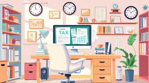 Office setup with tax forms on computer screen, tax types
