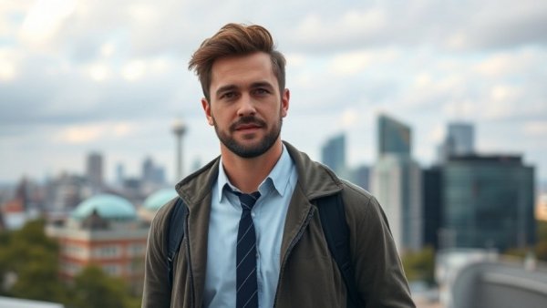 Casual man outdoors in cityscape, preparing for uncertainty in business.