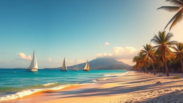 Tranquil coastal scene with sailboats and palm trees at sunset.