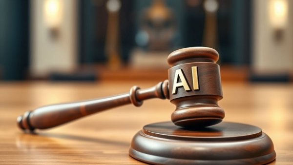 AI-Powered Legal Technology: Gavel next to 'AI' text in modern setting.