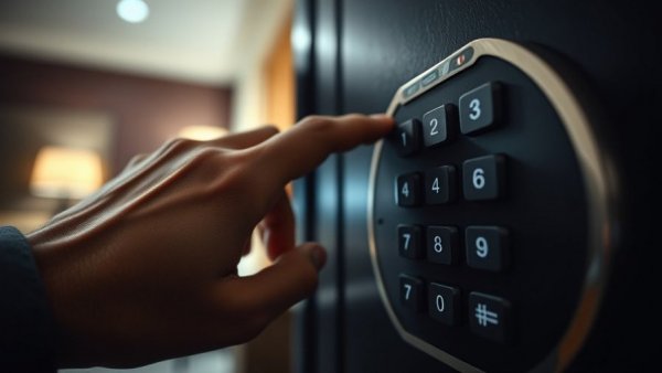 Avoid hotel travel mistakes with electronic safe keypad close-up.
