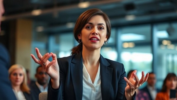 Businesswoman discussing ballet and business success during an interview.