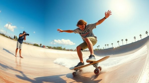 Skateboarder performs tricks at Waco surf park, captured on camera.
