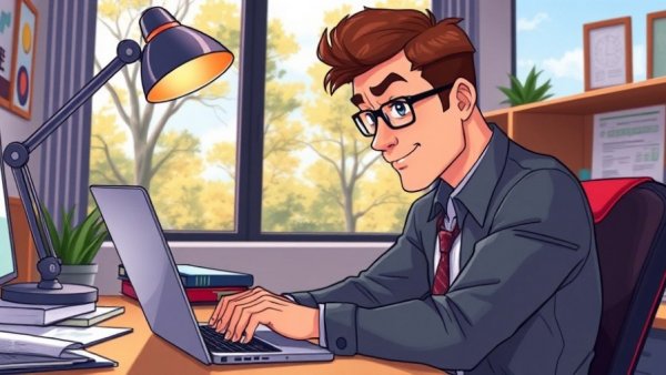 Cartoon of a man at desk during sole trader registration process.