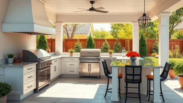 Chic modern outdoor kitchen with grill and bar seating in serene garden setting.