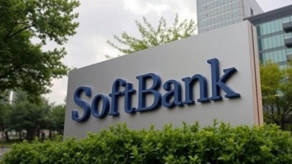 SoftBank corporate sign with greenery, urban backdrop.