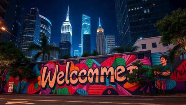 Vibrant city mural, urban skyline at night, 2026 food trends