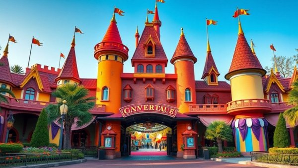 Entrance to Universal's Epic Universe with whimsical castle and adventure theme