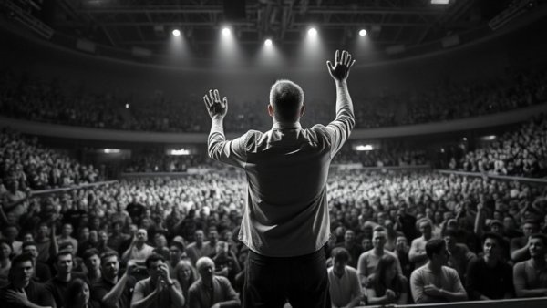 Motivational speaker inspiring large crowd in an arena