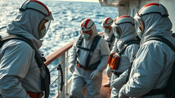 Hantavirus crisis response on cruise ship with crew in protective gear.