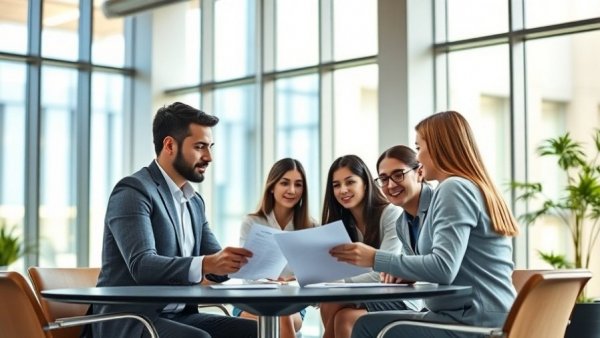 Team meeting discussing taxes in a modern office setting.