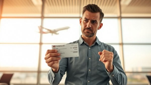 Frustrated man with canceled boarding pass in airport, flight cancellations.