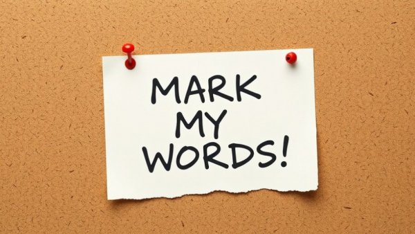 Paper note with 'MARK MY WORDS!' pinned on a corkboard.