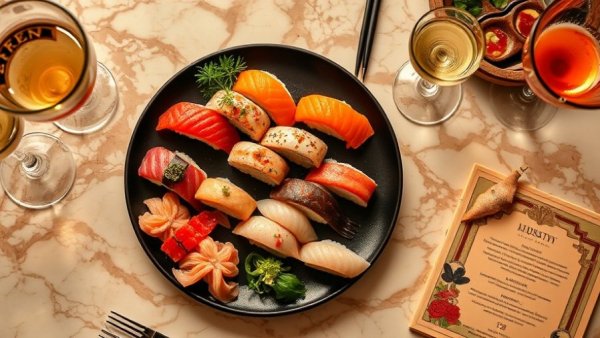 Austin Summer Sushi Pop-Up: Artistic sushi setup with cocktails on marble.