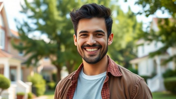 Confident man outdoors in a vibrant neighborhood, real estate lead generation.