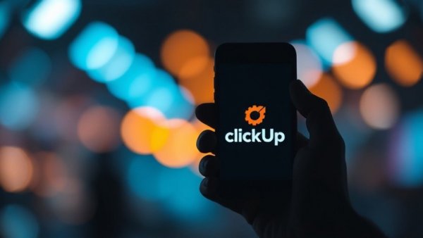 Silhouette holding smartphone with ClickUp logo against blue background.