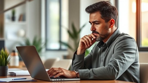Thoughtful man working on laptop in modern office with natural light.