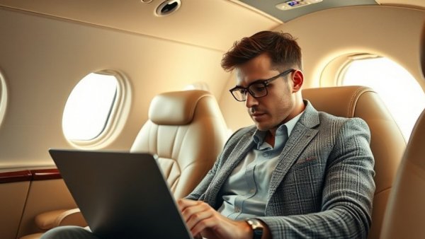 Man in private jet working on laptop, representing private business travel solutions.