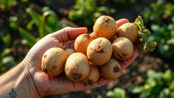 Freshly harvested potatoes held by hand, vibrant greenery.