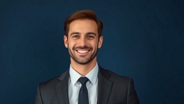 Professional man smiling confidently in a suit portrait, suspicious client inquiries.