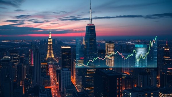 Cityscape with financial graphs representing prediction markets.