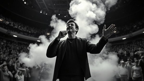Tony Robbins Returns to Australia event with dynamic stage presence and engaged audience.