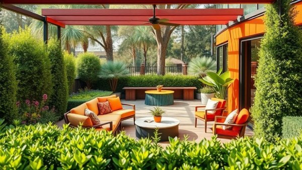 Mid-century style patio at Parker Palm Springs hotel with vibrant seating.