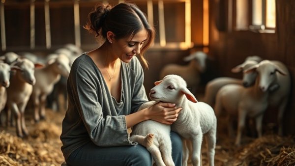 Woman feeding lamb with a bottle in a barn, illustrating care and nurture.