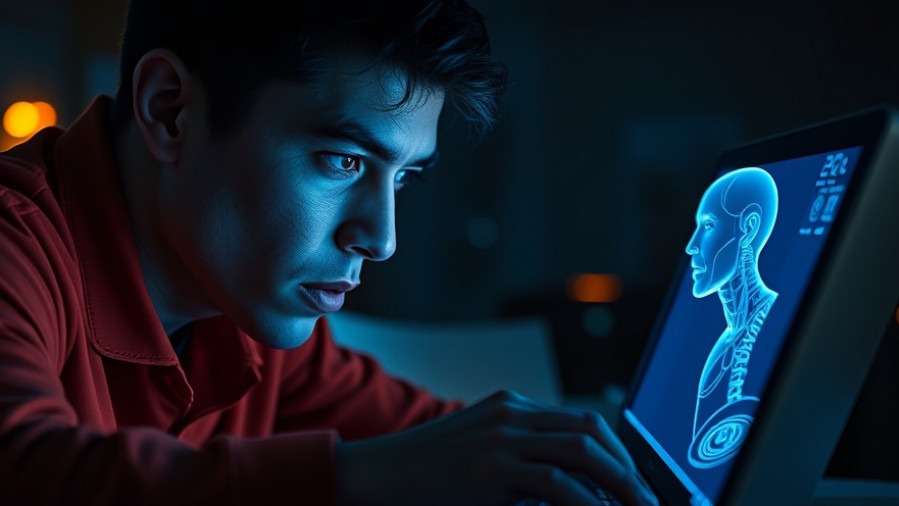 Determined tech professional studying AI innovation on a glowing laptop.