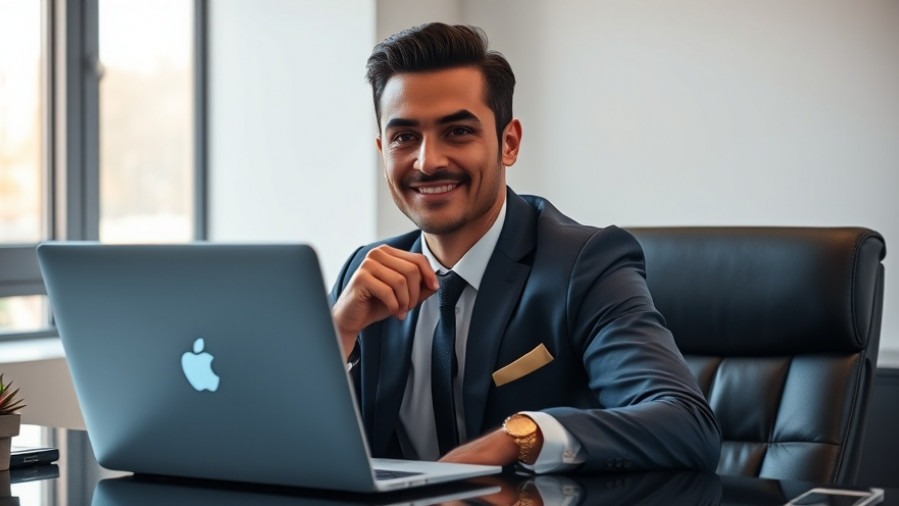Confident consultant with premium consulting strategies at a sleek desk, powered by ChatGPT.