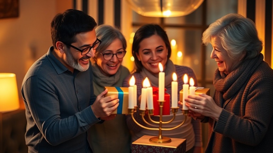 Joyful family cherishing Hanukkah traditions by exchanging gifts and warm smiles.
