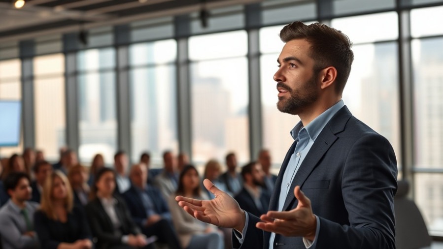 Confident male presenter at a modern conference on AI customer engagement.