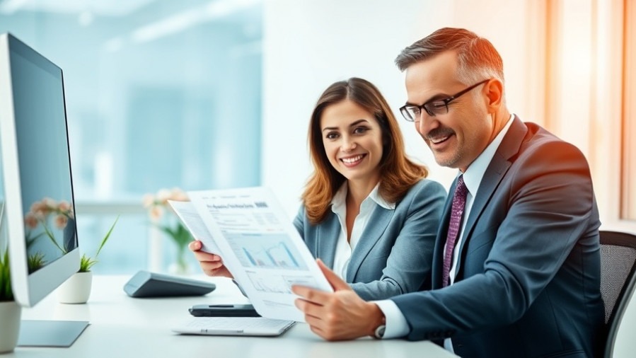 Confident business duo reviewing payroll software features in a bright office.