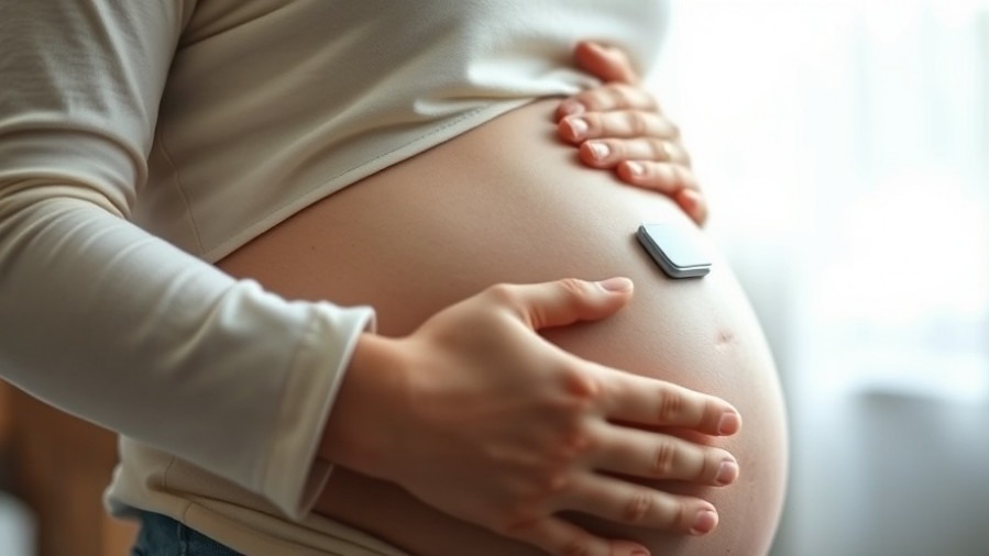 Smiling expectant mother wearing a wearable prenatal device, touching her belly.