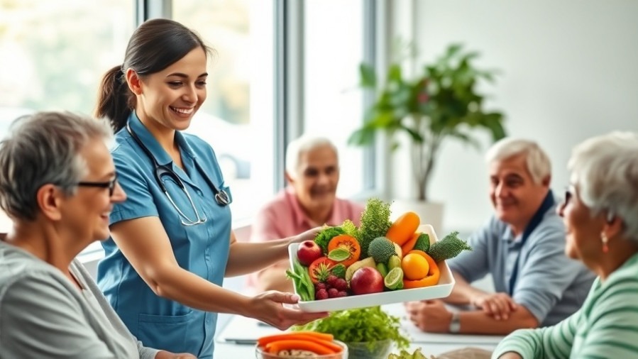 Cheerful dietician serving plant-based meals to diverse hospital patients, promoting healthcare nutrition.