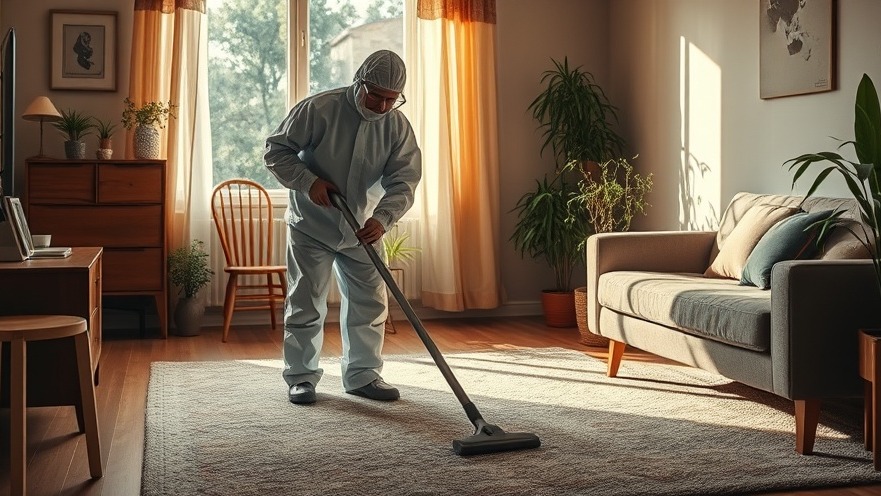 Individual in protective suit vacuuming carpet, showcasing cleaning industry growth.