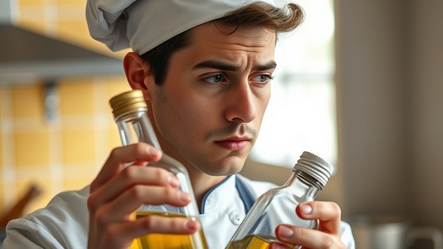 Concerned chef examining cooking oil bottle, highlighting palm oil health risks.