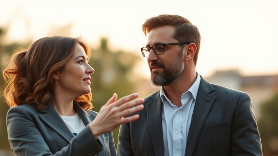 Two real estate professionals discussing the home buying process with thoughtful gestures.