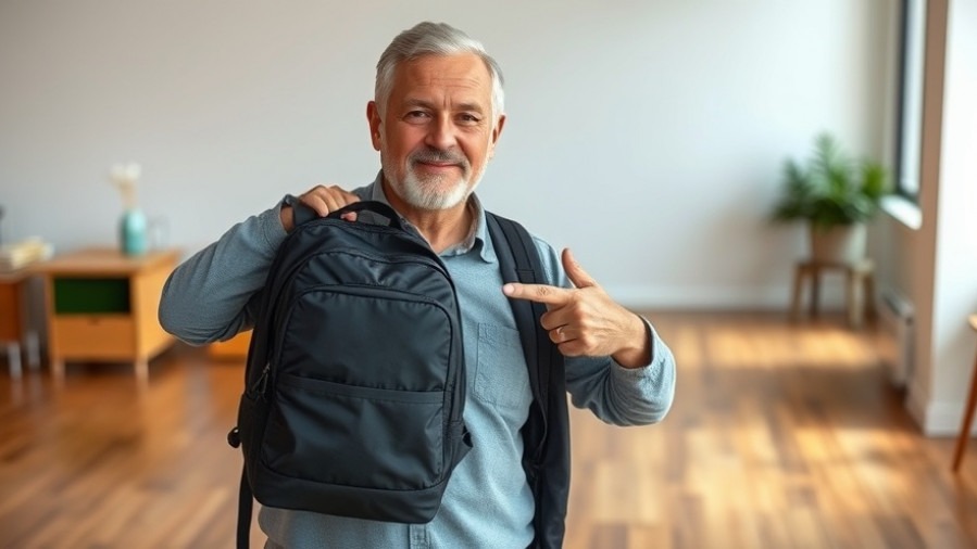 Middle-aged man showcases minimalist packing with lightweight gear backpack indoors.