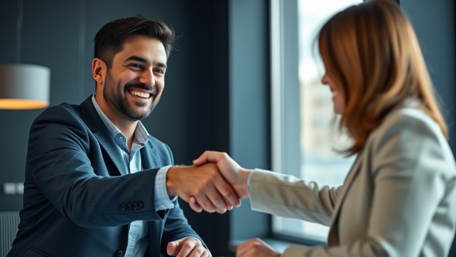 Confident marketing manager shaking hands, embodying hiring marketing experts.