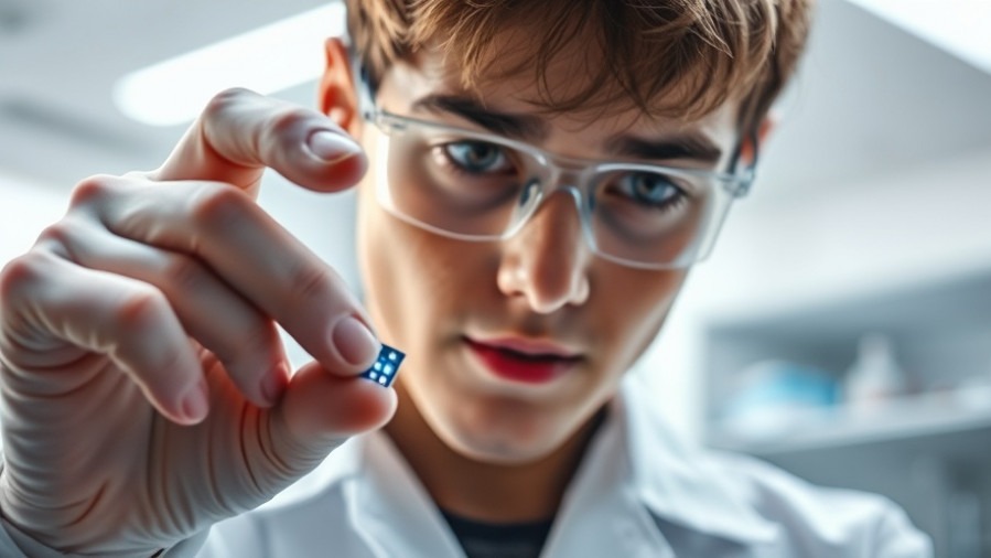 Young scientist using bioadhesive on a flexible patch for fibrosis prevention in implants.