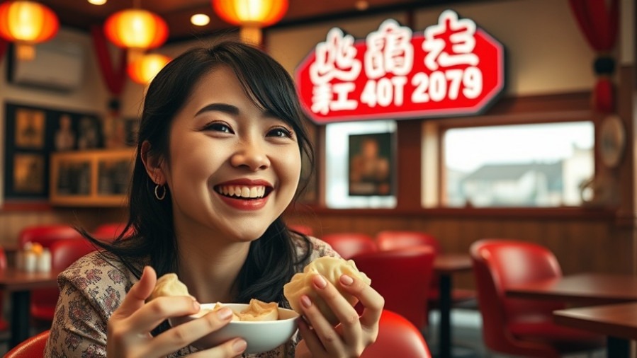 Cheerful woman enjoying dumplings in a cozy restaurant, showcasing food entrepreneurship.