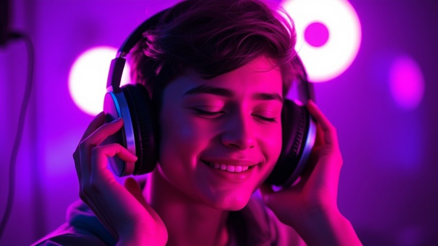 Young adult reveling in heavy metal music, closed eyes, vibrant ambiance.