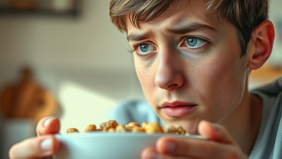Young adult examines breakfast cereal, pondering food safety and mycotoxins.