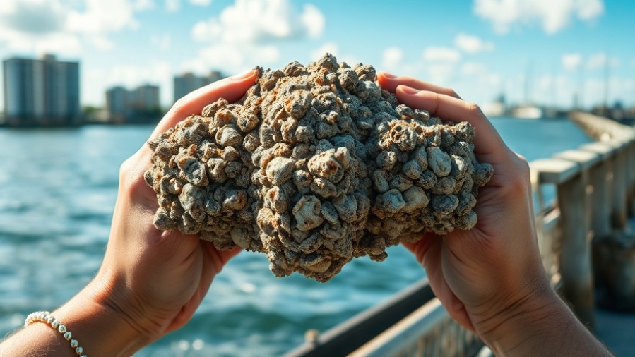 Close-up of barnacle-encrusted metal rack in Tampa Bay, highlighting contaminants of emerging concern.