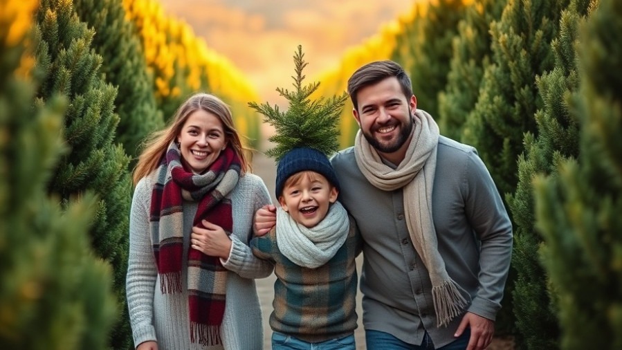Smiling family with child carrying a pine tree in Ocala National Forest.