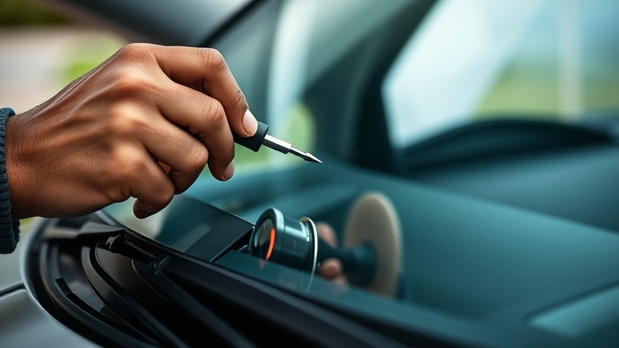 Repairing windshield damage types with precision tools in outdoor setting.