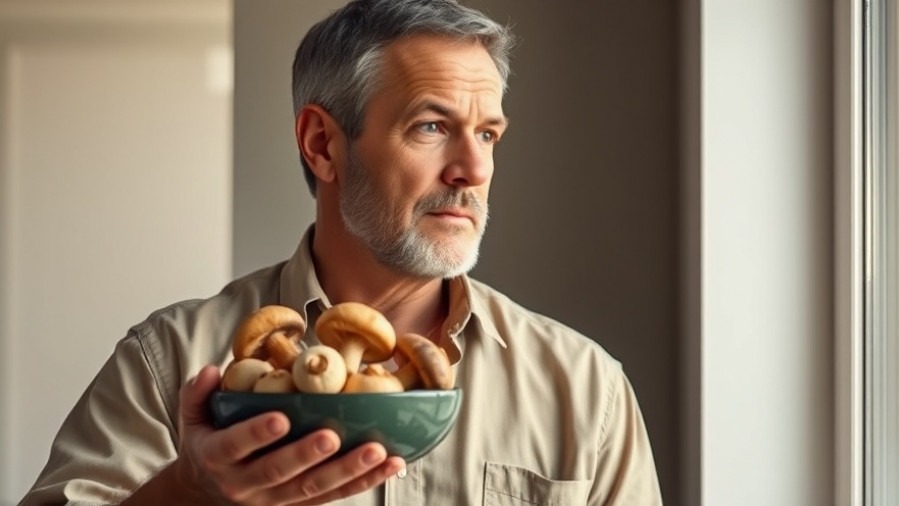 Middle-aged man pondering health benefits of shiitake mushrooms for cancer prevention.